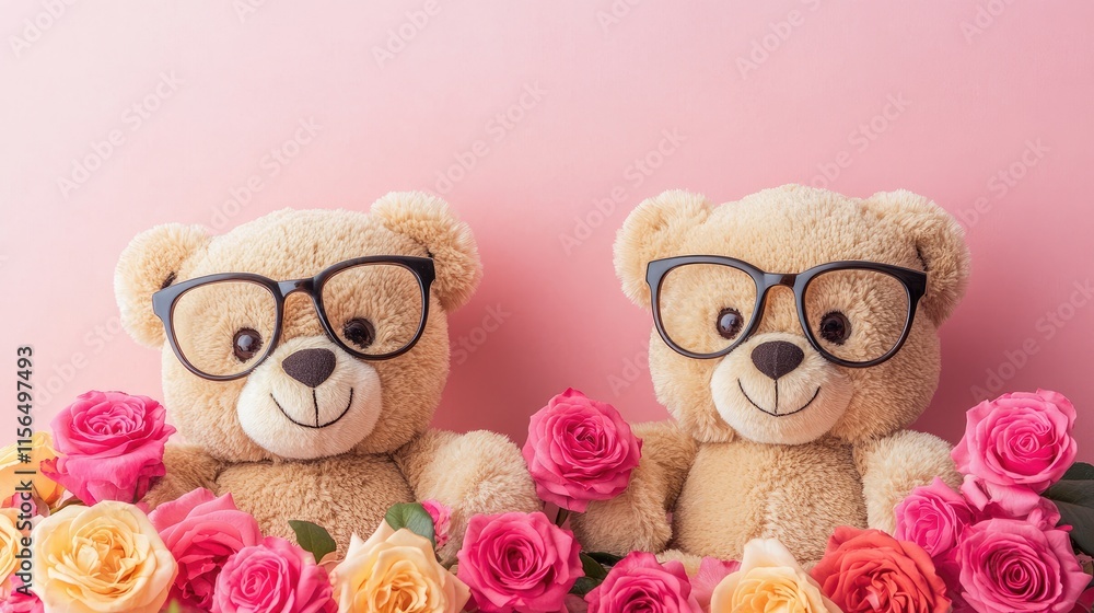 Poster cuddly teddy bears with glasses surrounded by vibrant roses on a soft pink background with empty spa