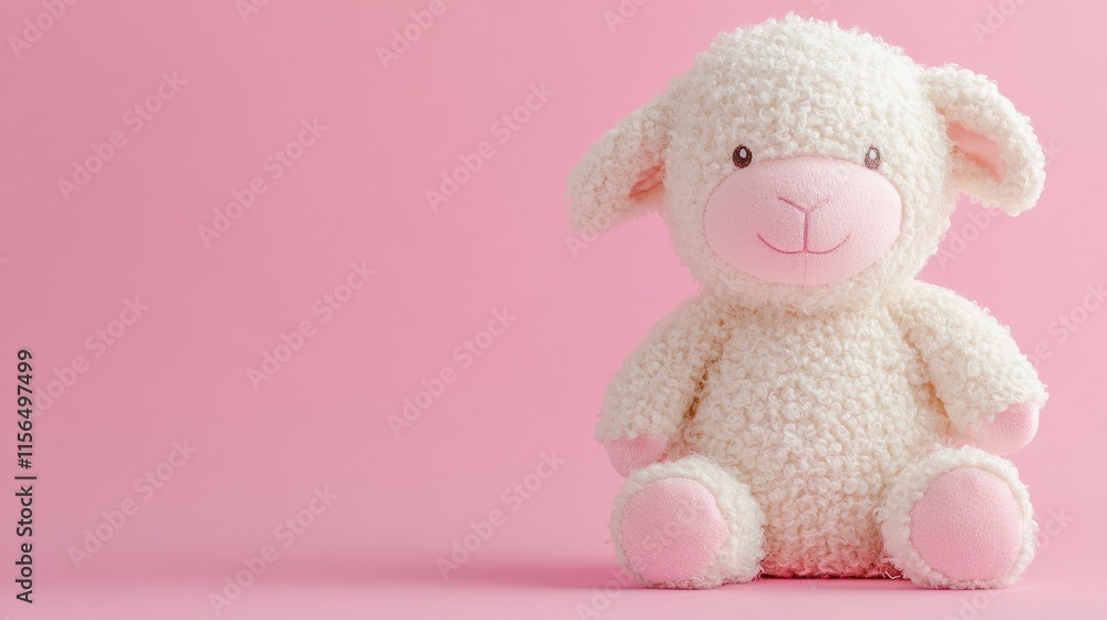Poster Cuddly Plush Lamb Toy with Blushing Cheeks against Pink Background Featuring Empty Space for Custom Text