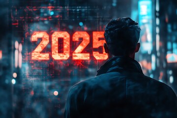 Man looking at 2025 futuristic display.  New year, technology, future concept.