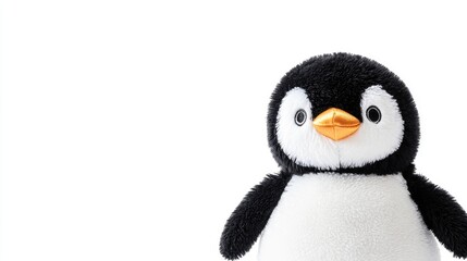 Fototapeta premium Cuddly penguin plush toy on white background with soft texture and ample empty space for customizable text or branding purposes