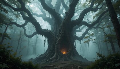 Obraz premium Ancient mystical tree with a hollow and glowing entrance in a foggy enchanted forest 