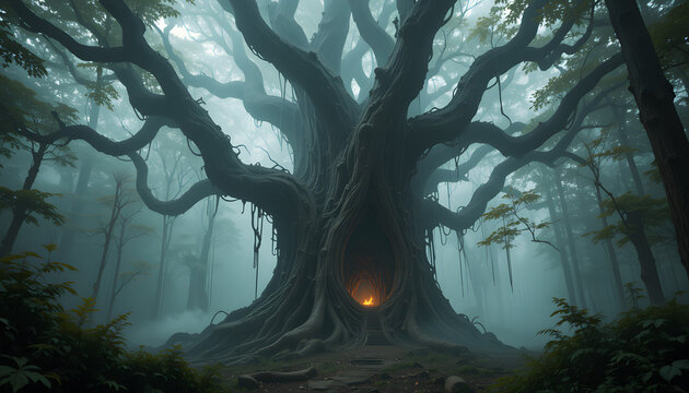 Ancient mystical tree with a hollow and glowing entrance in a foggy enchanted forest
