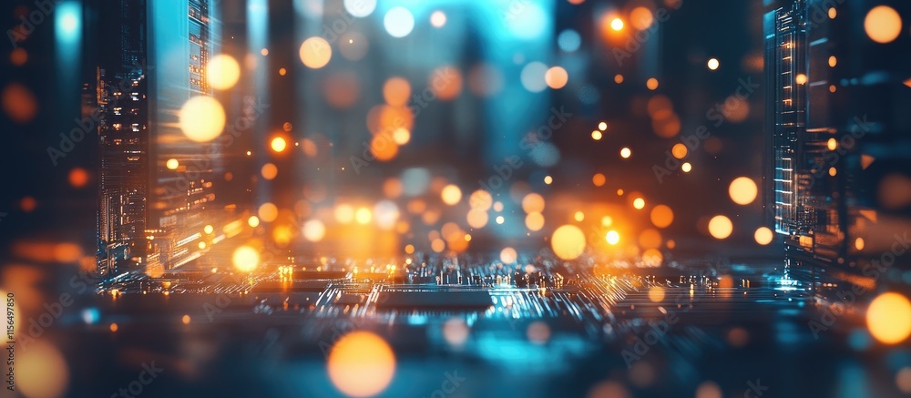 Fototapete modern computer chip with glowing transistors in a futuristic technology background featuring bokeh 