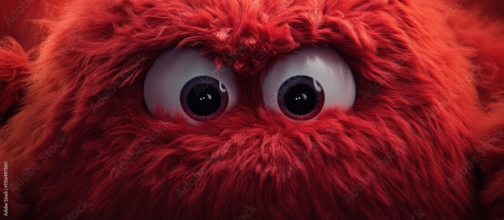 Poster whimsical close up of a red furry monster face with wide expressive eyes and ample space for text in