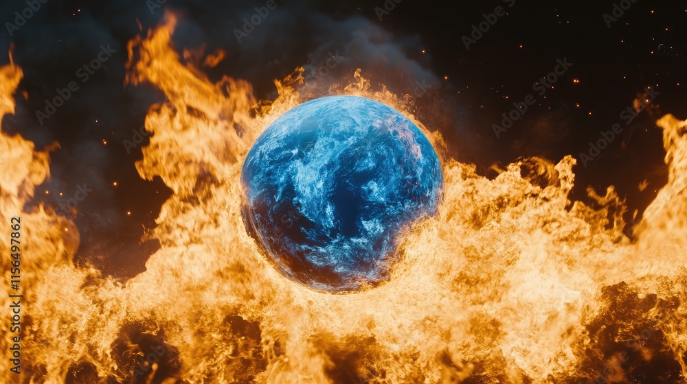 Poster blue planet engulfed in flames with dramatic fire background and ample empty space for text placemen