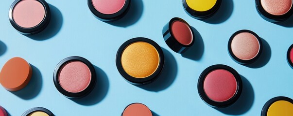 A flat lay composition of various makeup products on a blue background, including blushers and...