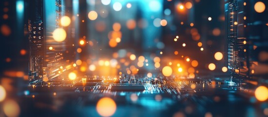 Obraz premium Modern computer chip with glowing transistors in a futuristic technology background featuring bokeh elements and ample space for text customization