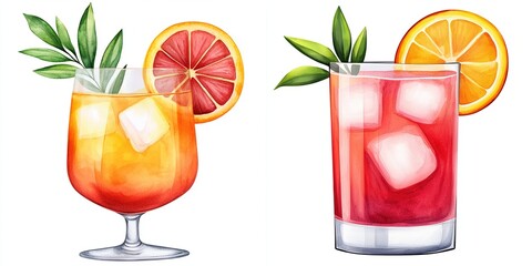 middle east hospitality concept. Two colorful cocktails with fruit garnishes on a white background.