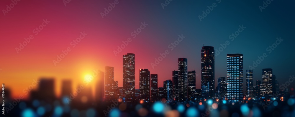 Canvas Prints A vibrant city skyline at sunset, showcasing tall buildings against a colorful gradient sky illuminated by the setting sun.