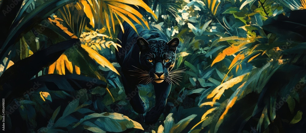 Poster black jaguar stealthily navigating dense jungle highlighting intricate shadows and vibrant foliage w