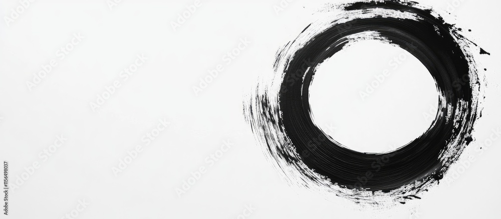 Poster black ink circular brush stroke on white background creating a minimalist design with ample copy spa