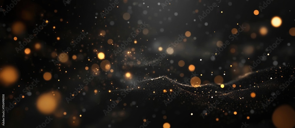 Poster black festive background featuring vibrant fireworks and golden bokeh effects with ample empty space