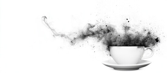 Black espresso coffee cup emitting steam on a white background with ample copy space for customizable text and branding opportunities