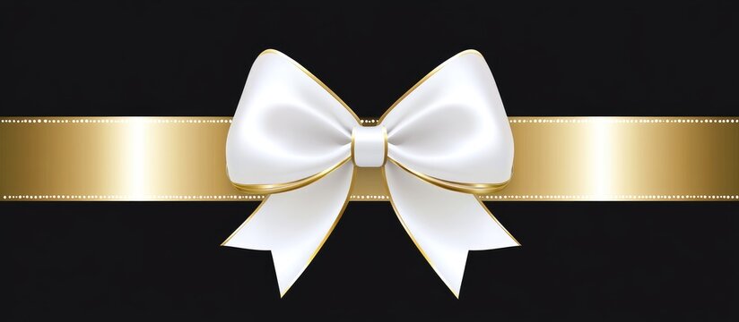 Elegant black gift box adorned with gold ribbon and white bow on dark background with space for your personalized text or message.