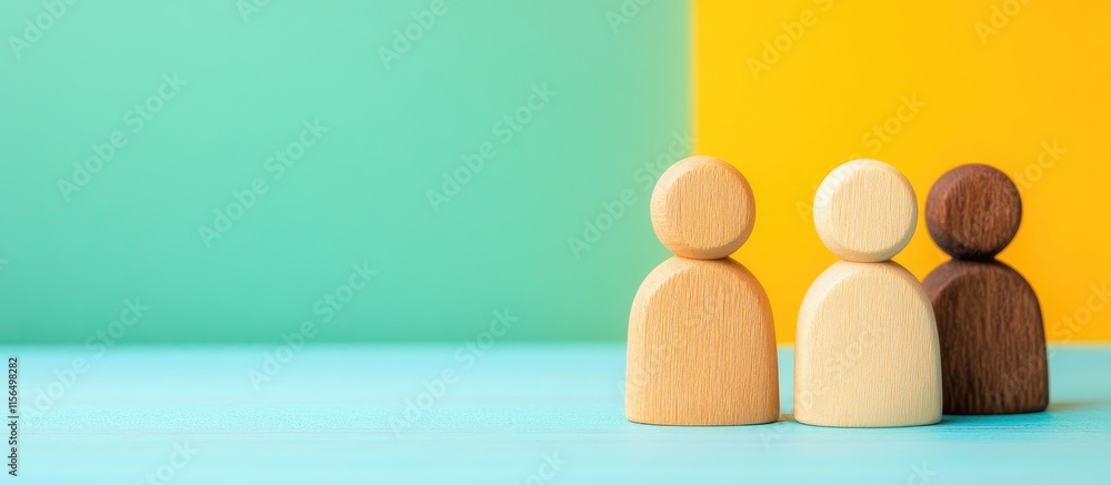 Poster wooden figures of people on a vibrant background symbolizing friendship communication and connection
