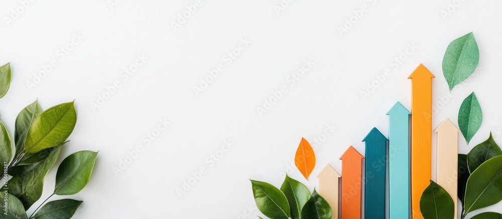Poster bar chart with colorful arrows and green leaves on white background for business growth and data ana