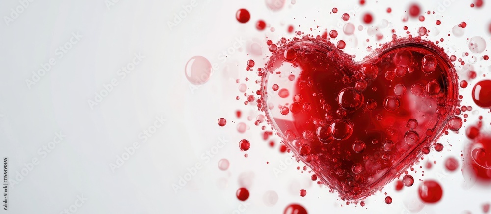 Poster red heart shape filled with bubbles and droplets on a white background with copyspace for text in lo