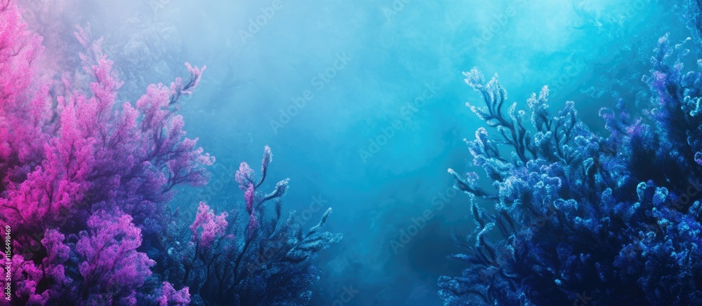 Poster moody blue and purple algae abstract background with empty copyspace for text and artistic underwate