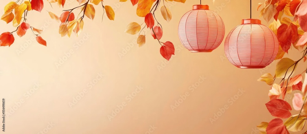 Poster autumn leaves design with yellow and red lanterns creating a warm ambiance and blank space for text 