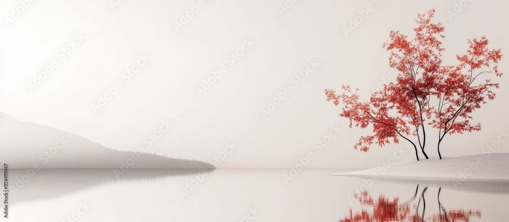 Poster Tranquil autumn landscape with vibrant red foliage reflecting in serene lake and ample space for custom text or branding placement