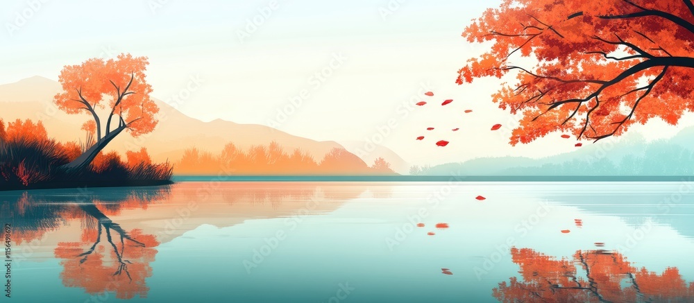 Poster autumn landscape featuring vibrant tree reflections in a serene lake with ample space for text and s