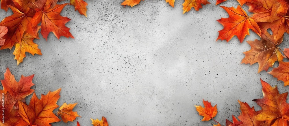 Poster autumn leaves border framing a textured gray concrete background creating an ideal space for text or