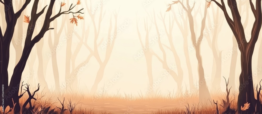 Poster serene autumn forest scene with bare trees and soft fog offering ample space for text and design ele