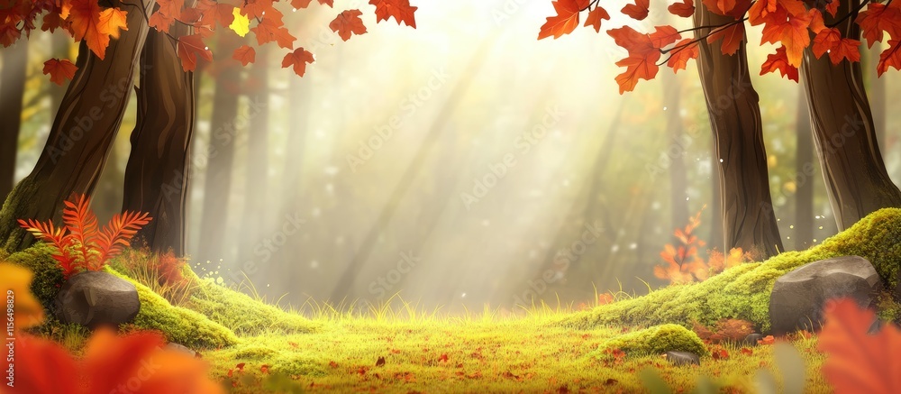 Poster autumn forest landscape with vibrant leaves sun rays shining through trees and moss creating a seren
