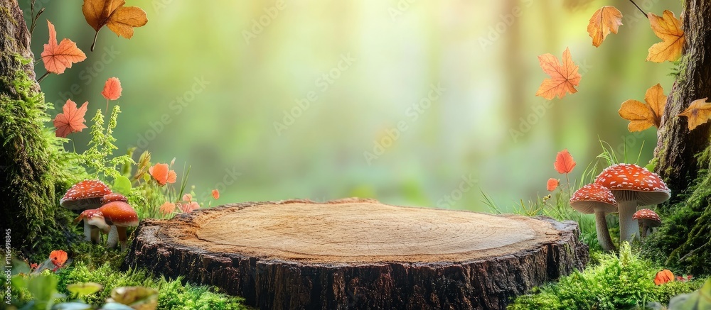 Poster serene autumn forest landscape with tree trunk mushrooms and vibrant foliage creating an inviting sp