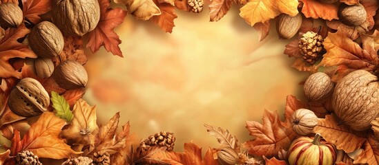 Autumn themed frame featuring colorful leaves and nuts with a blank center for text or seasonal messages