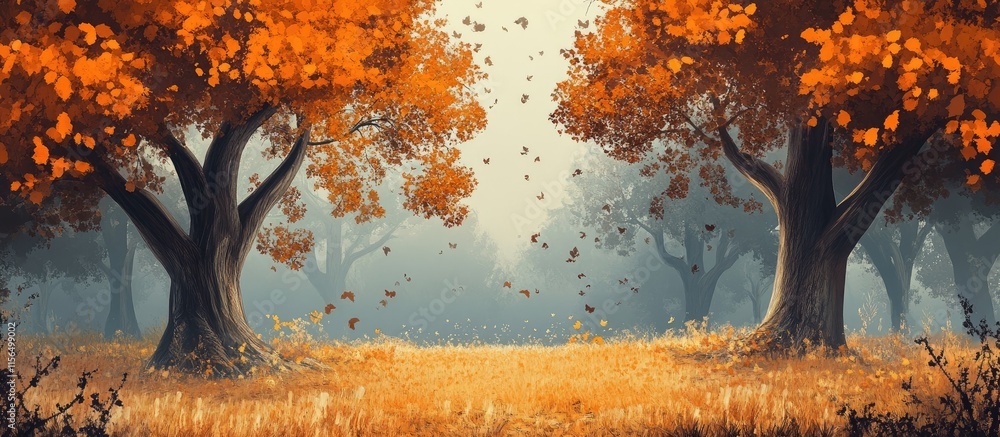 Poster autumn park landscape with vibrant orange trees and soft fog creating a serene atmosphere for text p