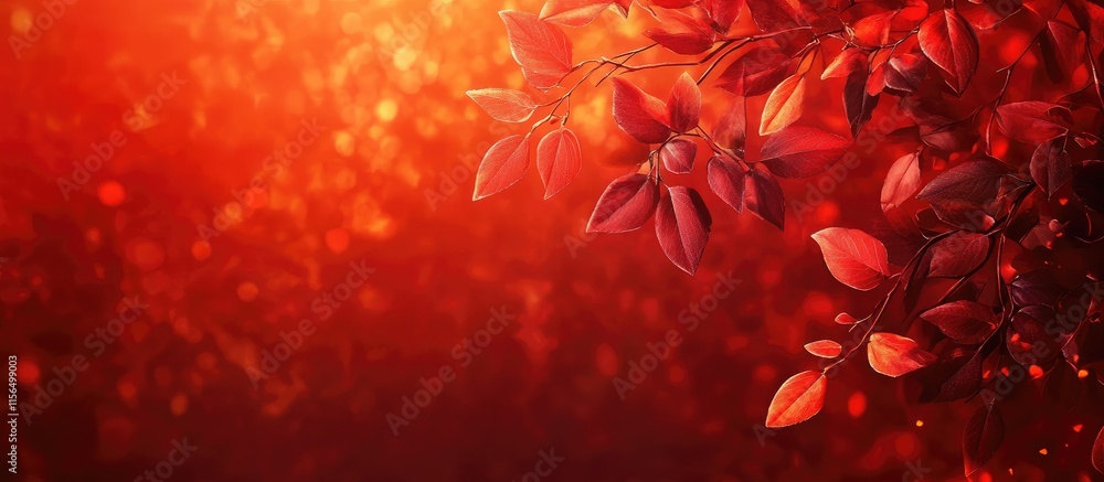 Poster autumn red background with vibrant leaves and ample copy space for text and graphics