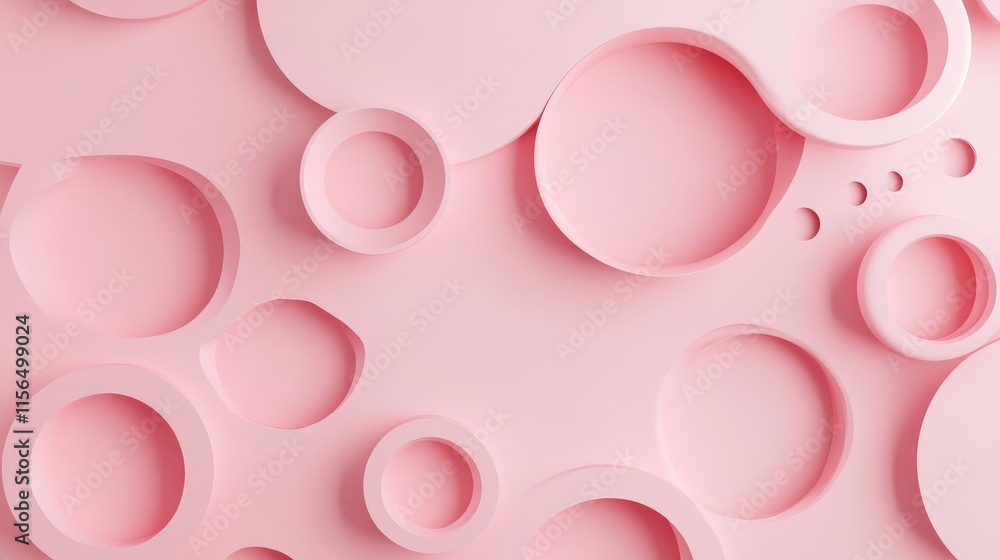 Poster aesthetic geometric design featuring soft pink background with round holes and decorative shapes for