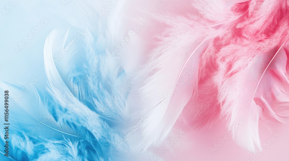 Poster gradient of pink and blue feather textures with soft aesthetics and ample copyspace for creative tex