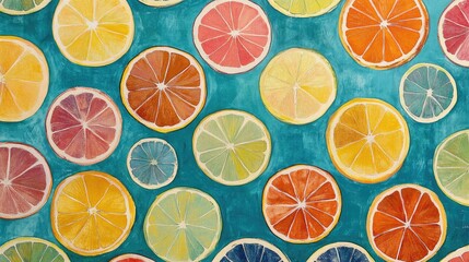 Obraz premium Vibrant Assorted Citrus Fruit Slices Pattern on Turquoise Background for Fresh and Colorful Design Elements