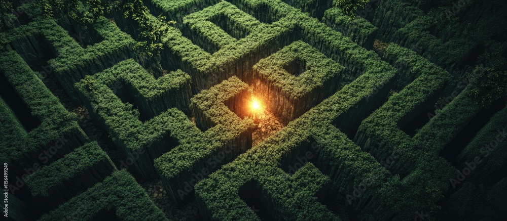 Poster aerial view of a green maze with a glowing light at the center and space for text overlay in a conce