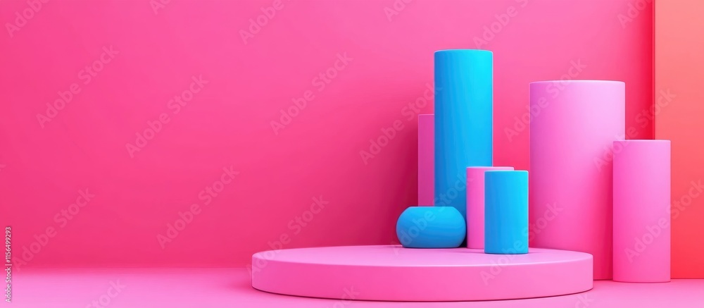 Poster 3d rendered abstract shapes on vibrant pink background for technology and data visualization concept
