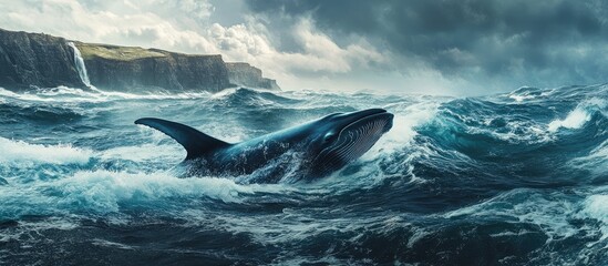Fototapeta premium Aerial view of a majestic whale swimming in turbulent ocean waves with rugged coastline highlighting the beauty of marine life and conservation efforts