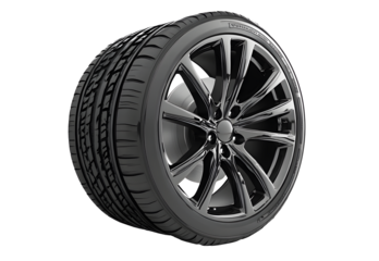Black tire with Wheel Alloy car wheels Rim silver chrome or Mag Wheel high performance auto part decoration isolated on cut out PNG or transparent background. Transport vehicles transportation.