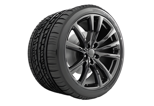 Black tire with Wheel Alloy car wheels Rim silver chrome or Mag Wheel high performance auto part decoration isolated on cut out PNG or transparent background. Transport vehicles transportation.