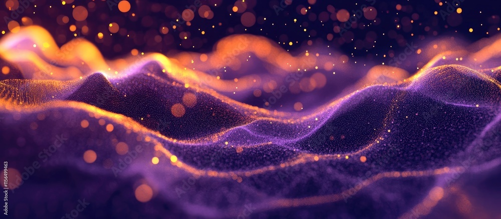 Poster vibrant abstract waves in purple and orange with shimmering particles and luminous effects creating 