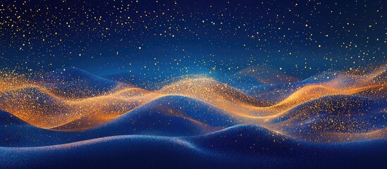 Elegant abstract blue landscape with golden glitter waves and ample space for text creation and design inspiration.