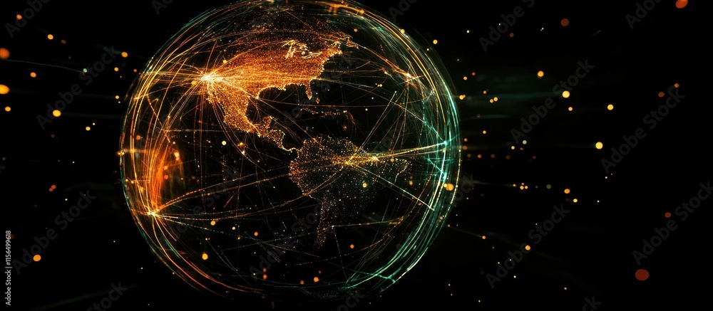 Poster abstract digital globe with glowing connections and network cables on dark background suitable for t