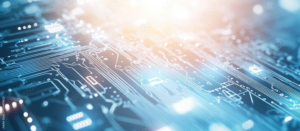 Poster modern digital technology background featuring circuit board details and a soft light effect ideal f