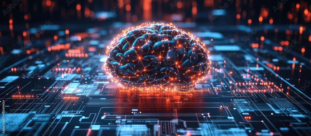 Poster abstract digital brain representation on a circuit board background ideal for technology and artific