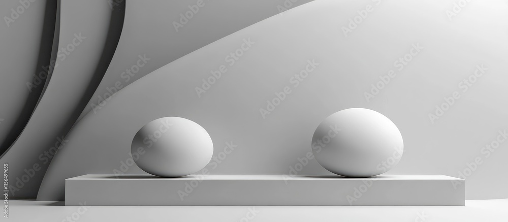 Poster minimalist 3d organic shapes with shadows in grey tones featuring ample empty space for creative tex