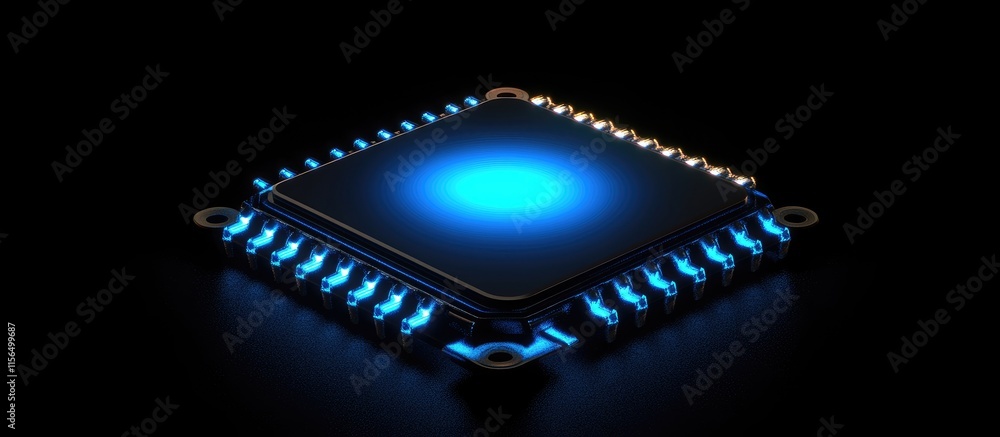 Poster Glowing blue computer processor on dark background with illuminated circuitry and ample space for text or branding elements