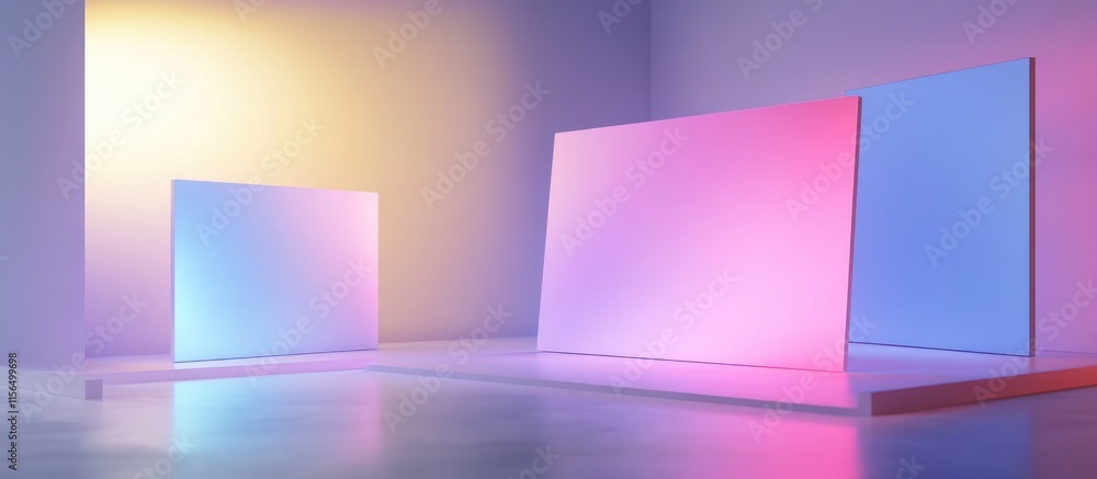 Poster vibrant abstract digital landscape featuring floating holographic screens with a modern aesthetic an
