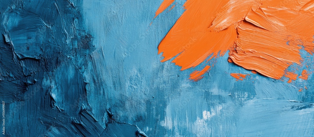 Poster abstract expressionist artwork featuring cerulean color block and bold orange brushstrokes with spac