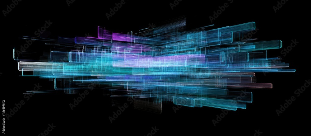 Poster futuristic abstract design featuring layered blue lines and vibrant colors on a black background wit